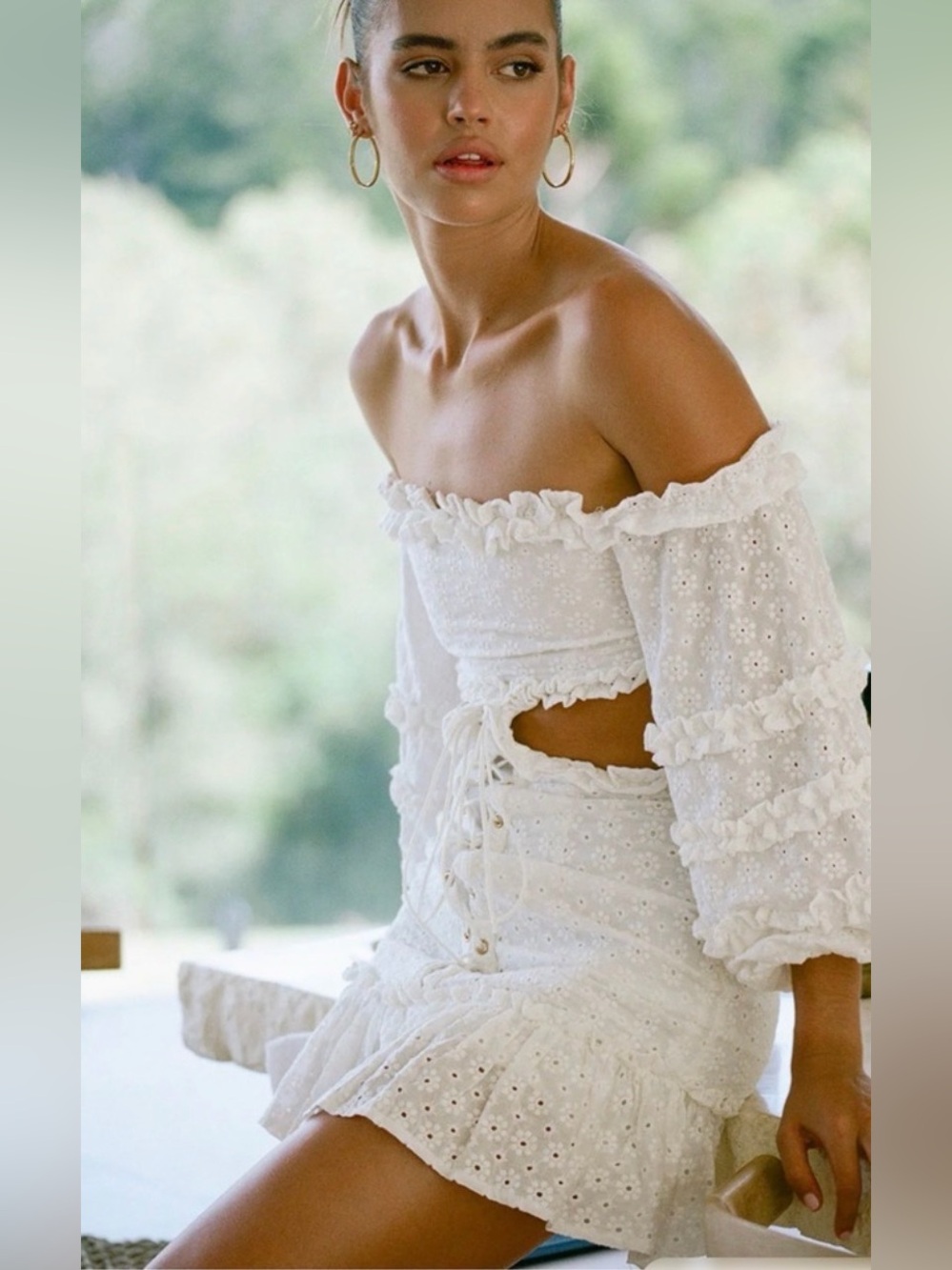 SABO Off Shoulder Eyelet Lace Up Cutout Mini Dress White Medium NWT! - Picture 4 of 11